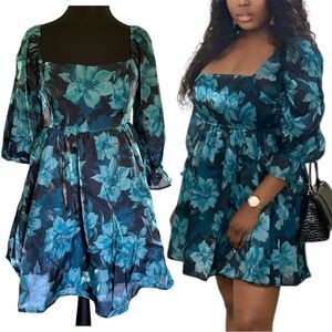 Thirty Thirty Blue Floral Babydoll Sheer Dress 3/4 Sleeve M